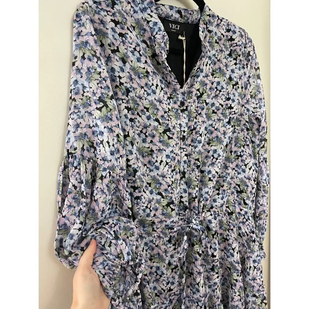 NWT VICI Francine Feminine Floral Modern Tie Waist Balloon Sleeve Dress M - Picture 4 of 15